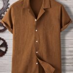 Men’s Brown Casual Crinkle Texture Shirt | Soft Lightweight Short Sleeve Button-Down for Summer & Daily Wear
