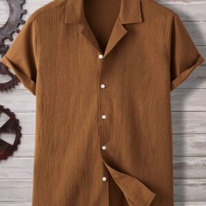 Men’s Brown Casual Crinkle Texture Shirt | Soft Lightweight Short Sleeve Button-Down for Summer & Daily Wear